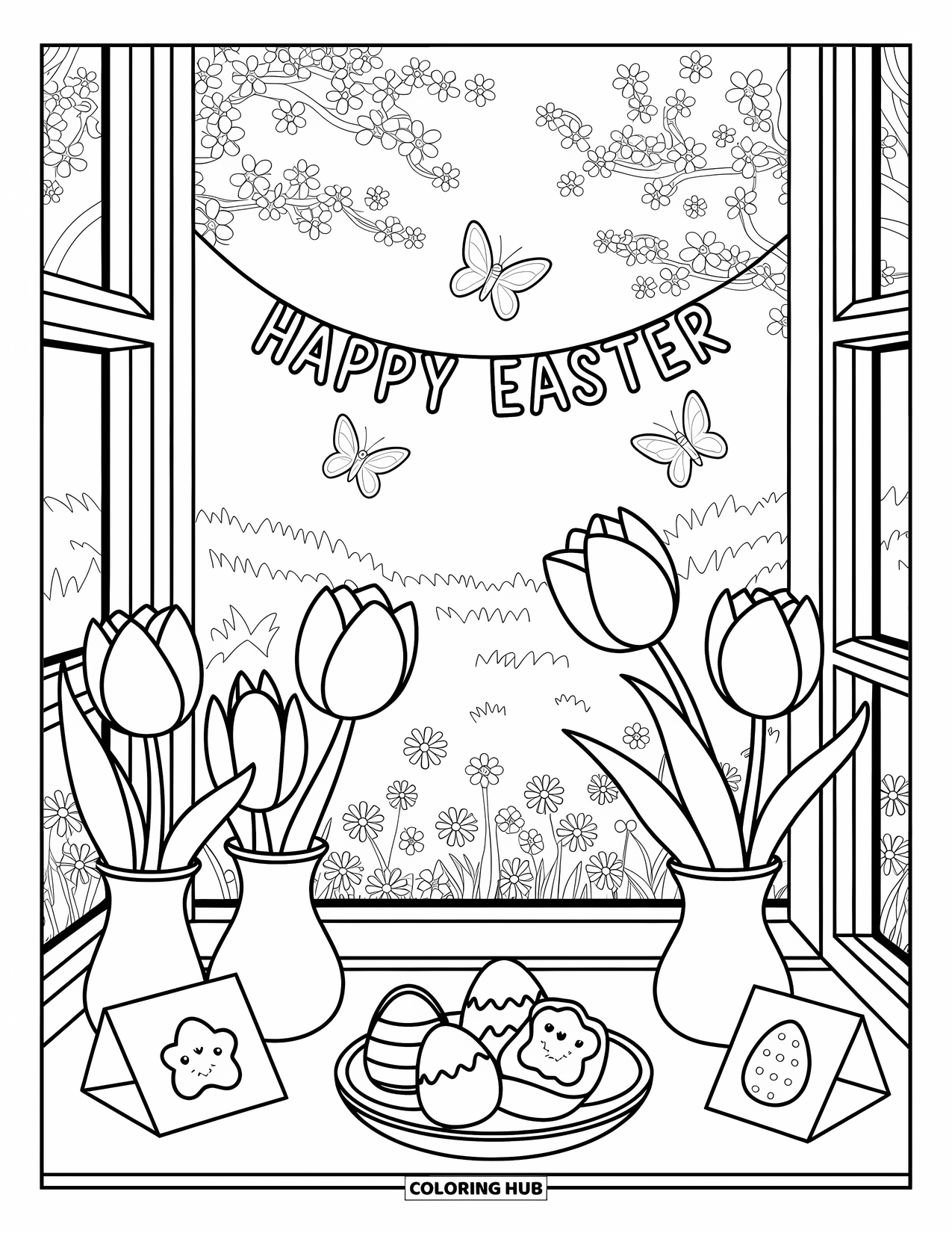 Happy Easter Coloring Page for Adults: Butterflies dance near blooming tulips and eggs in a garden outside a cottage window
