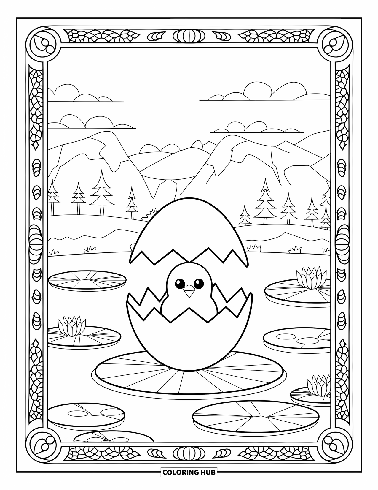 Happy Easter Coloring Page for Adults: Chick in a cracked egg sits on a pond, framed by mountains and mandala patterns
