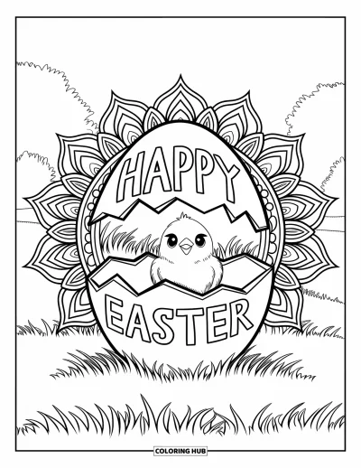 Iloinen pääsiäisvärityskuva aikuisille: Tipu kurkistaa haljenneesta munasta, jossa lukee "Happy Easter", kukkamandalassa