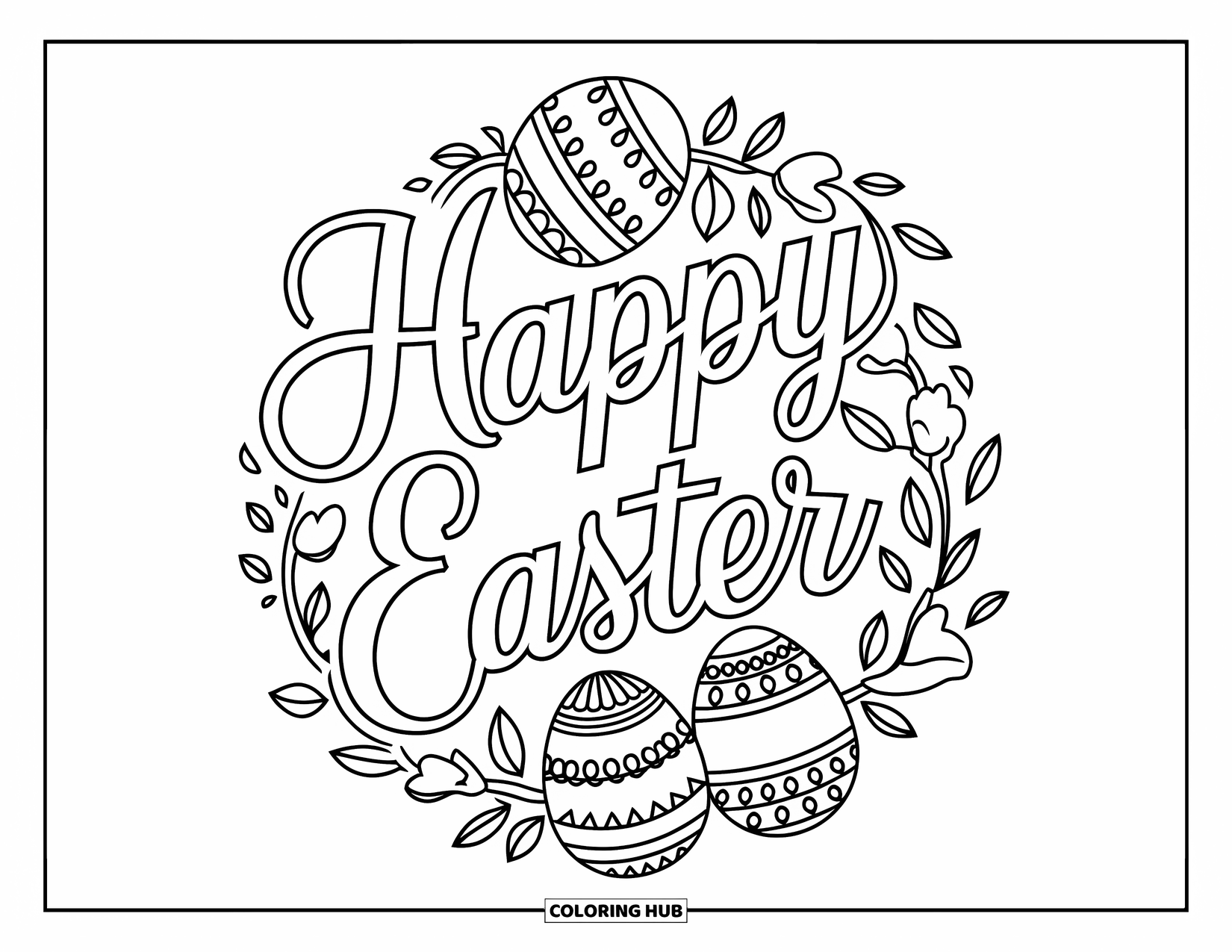 Happy Easter Coloring Page for Adults: Curly "Happy Easter" text framed by floral vines and decorative egg shapes