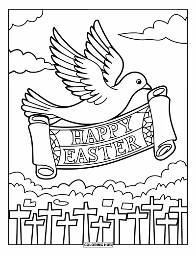 Iloinen pääsiäisvärityskuva aikuisille: Kyyhkynen lentää ristien yläpuolella pitäen kääröä, jossa lukee "Happy Easter"