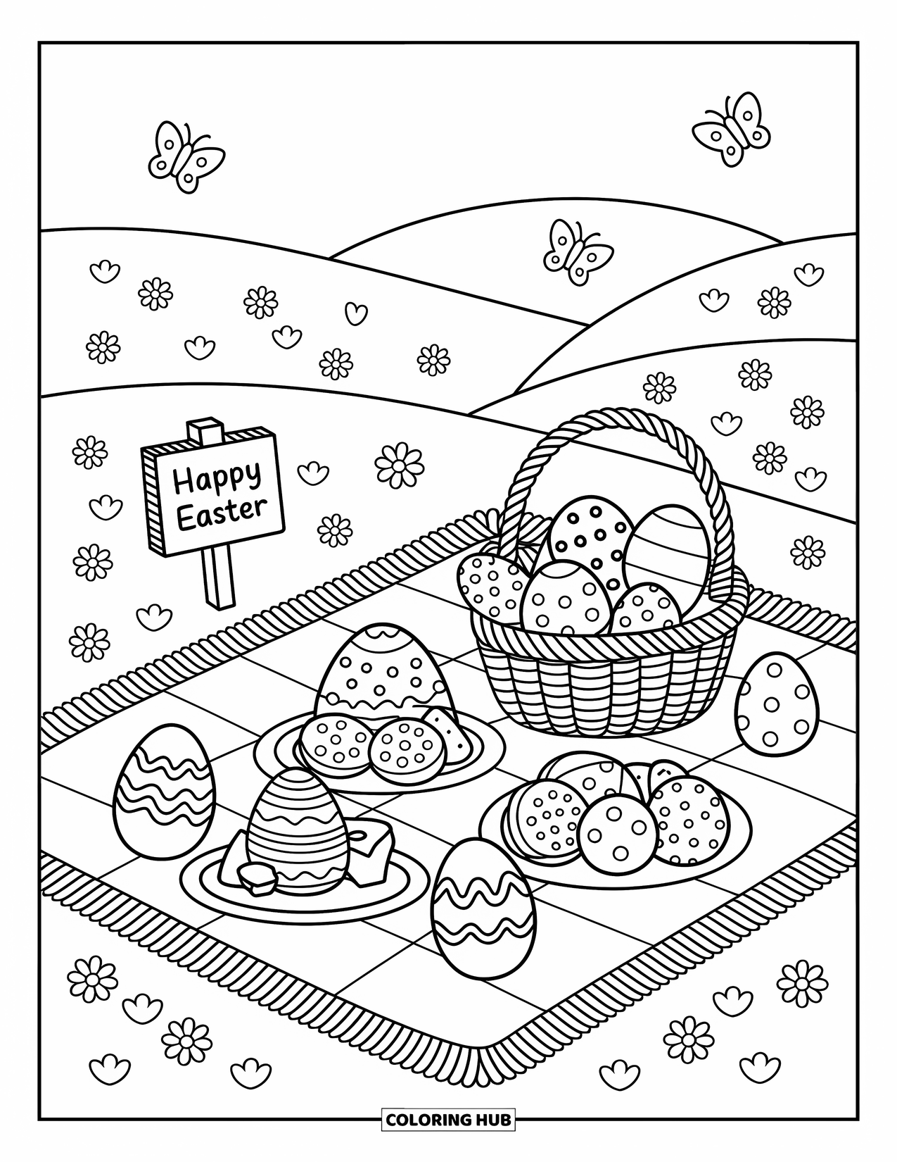 Happy Easter Coloring Page for Adults: Easter eggs, sliced fruit, and sweet buns rest on a soft blanket with butterflies above