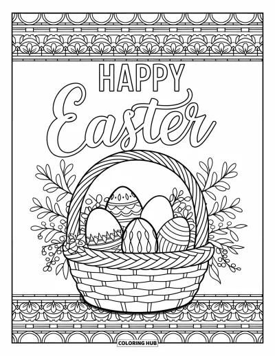 Iloinen pääsiäisvärityskuva aikuisille: Munakori ja kukkivat kukat kauniin "Happy Easter" -kaunokirjoituksen alla