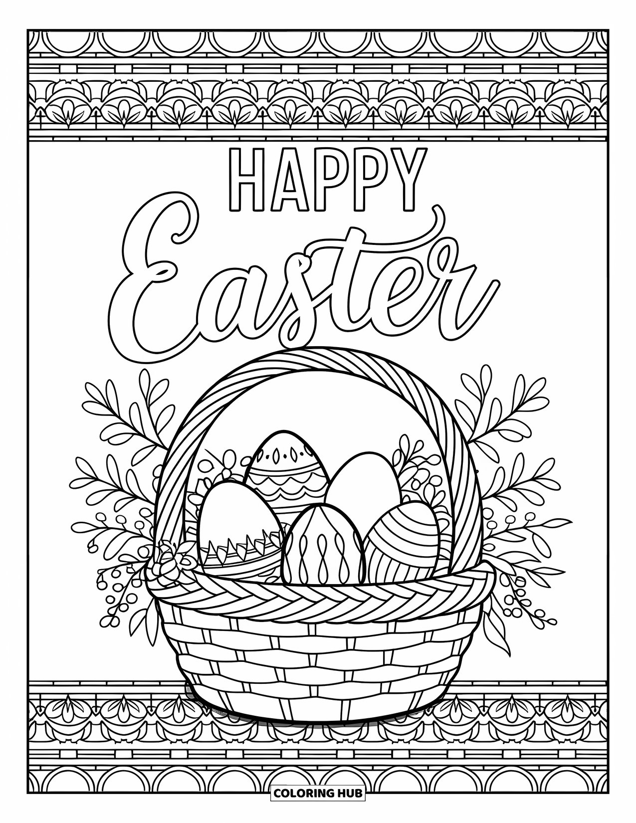 Happy Easter Coloring Page for Adults: Egg-filled basket and blooming flowers sit beneath a lovely "Happy Easter" script