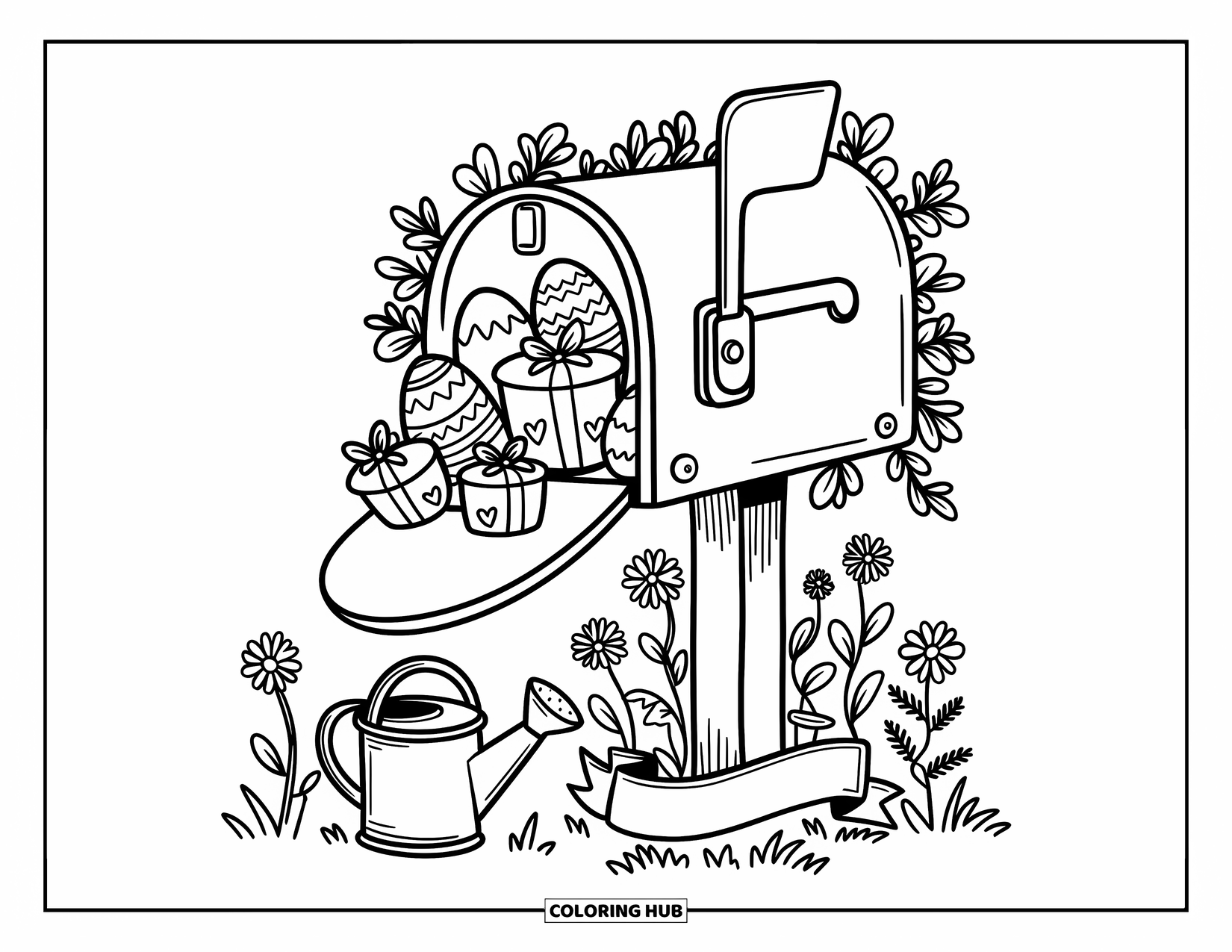 Happy Easter Coloring Page for Adults: Egg-filled mailbox surrounded by vines, wildflowers, and a tiny can with a festive Easter ribbon