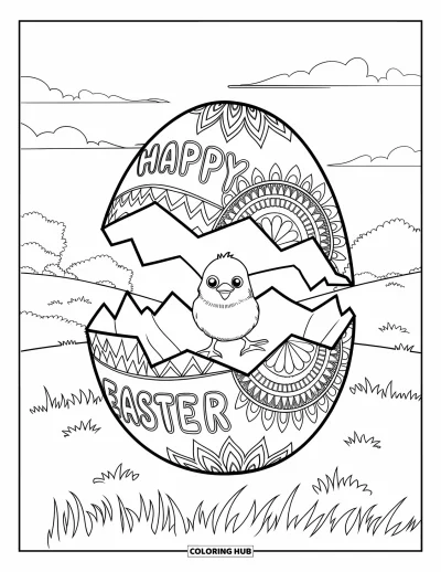 Iloinen pääsiäisvärityskuva aikuisille: "Happy Easter" -muna pitää tipua sisällään rauhallisen kukkamaiseman ympäröimänä