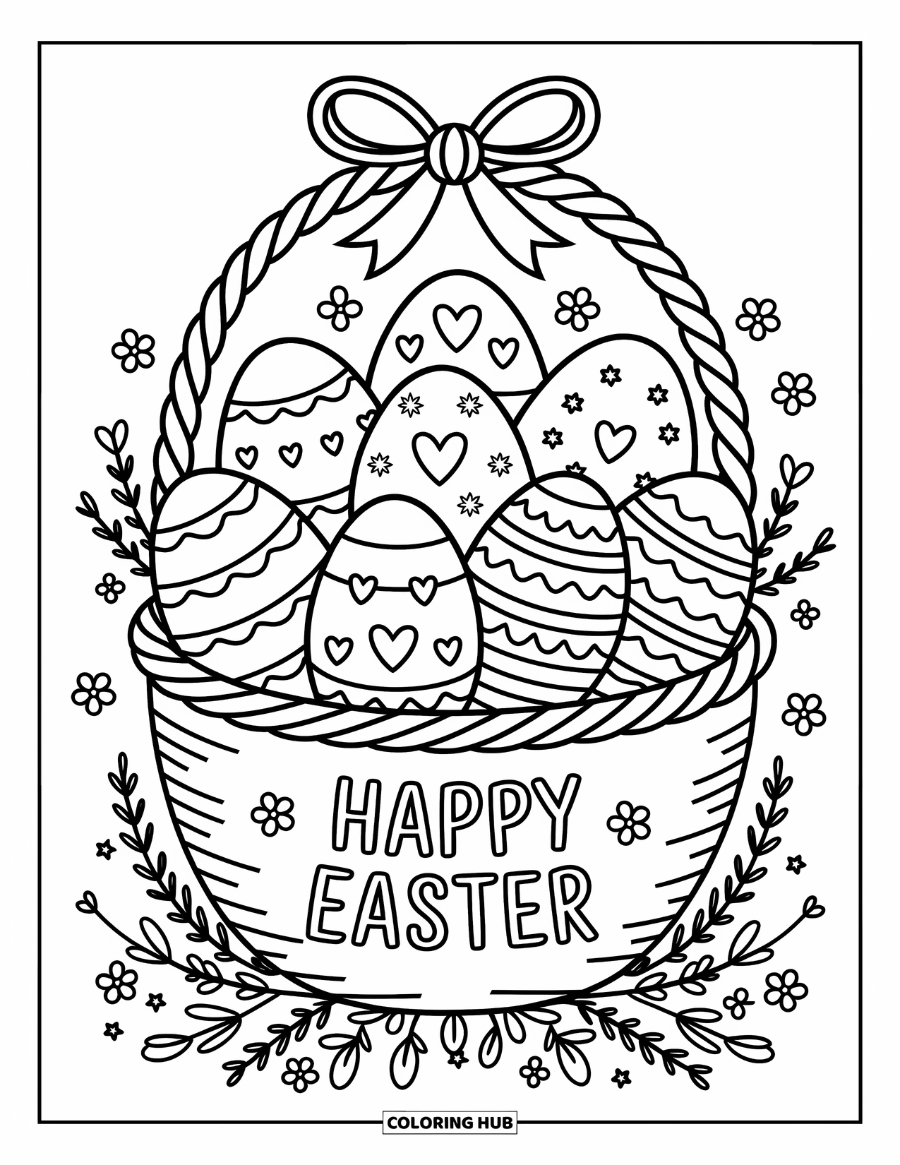 Happy Easter Coloring Page for Adults: Eggs with fun patterns spill from a big basket wrapped with a cheerful Easter ribbon