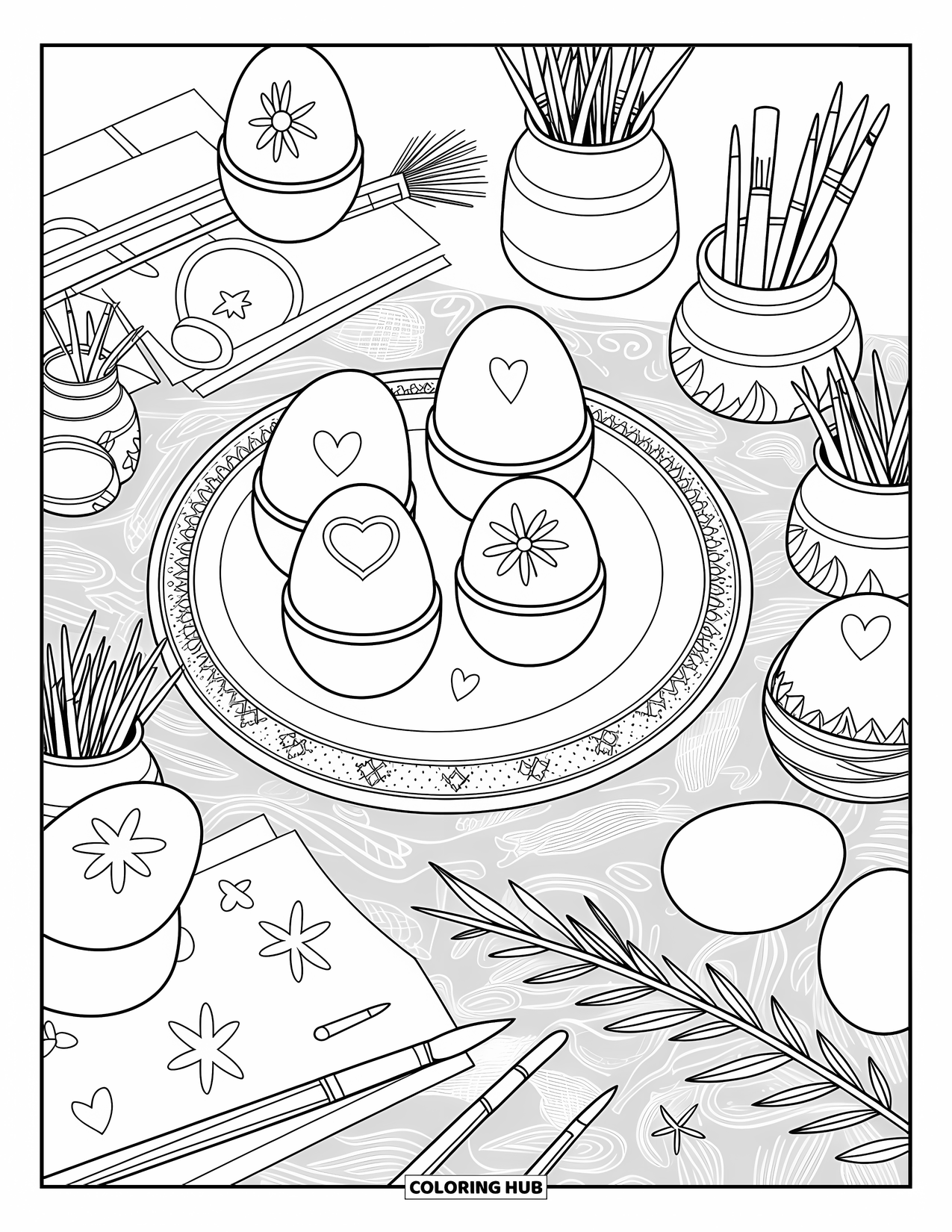Happy Easter Coloring Page for Adults: Floral designs bloom on eggs surrounded by crafting tools on a springy Easter table