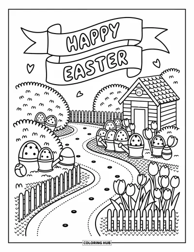 Iloinen pääsiäisvärityskuva aikuisille: Puutarhapolku johtaa piilotettujen munien luo vajan kanssa, jossa lukee "Easter Supplies" ja nauhaviiri