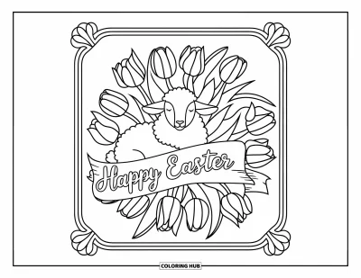 Iloinen pääsiäisvärityskuva aikuisille: Karitsa istuu kukkivissa tulppaaneissa kasvikuntaisen "Happy Easter" -mandalanauhan kiedottuna