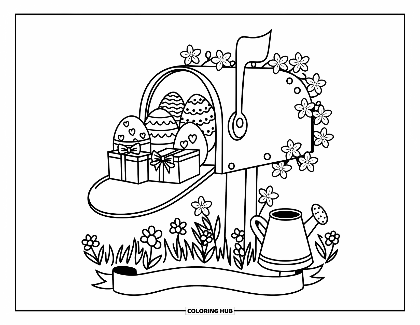Happy Easter Coloring Page for Adults: Mailbox overflowing with eggs and gifts beside flowers, vines, and a "Happy Easter Delivery" ribbon