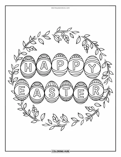 Iloinen pääsiäisvärityskuva aikuisille: Koristemunista muodostuva mandala, jonka keskelle on kirjoitettu "Happy Easter"