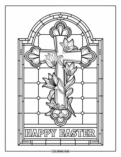Iloinen pääsiäisvärityskuva aikuisille: Koristeellinen risti liljojen ja muratin kanssa "Happy Easter" -viestin yläpuolella
