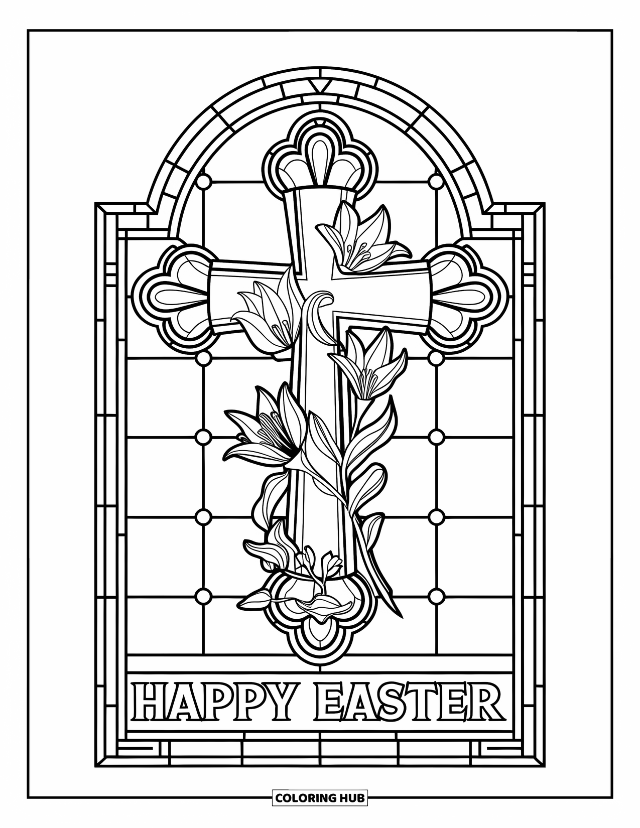 Happy Easter Coloring Page for Adults: Ornate cross with lilies and ivy stands above a "Happy Easter" message