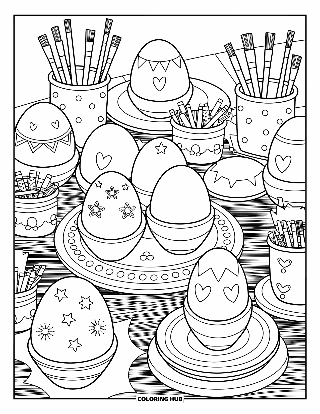 Happy Easter Coloring Page for Adults: Painted eggs rest in cups and plates surrounded by ribbons, brushes, and tiny jars