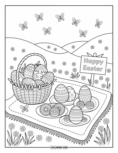 Iloinen pääsiäisvärityskuva aikuisille: Piknikihuovalla munia, hedelmiä ja pullaa puisen "Happy Easter" -kyltin alla
