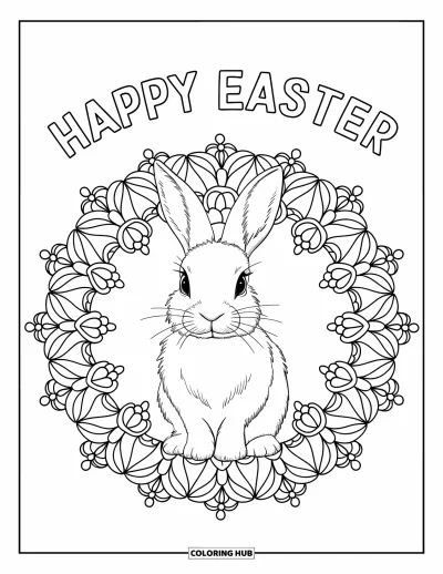 Iloinen pääsiäisvärityskuva aikuisille: Realistinen pupu istuu rauhallisesti kukkamandalaan, jonka yläpuolella lukee "Happy Easter"