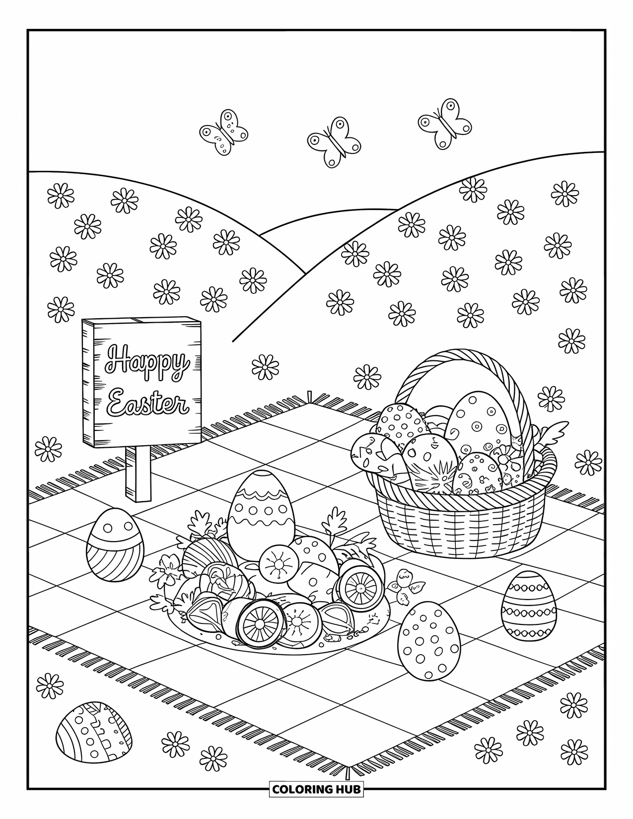 Happy Easter Coloring Page for Adults: Rolling hills, flowers, and flying butterflies surround a joyful Easter picnic scene