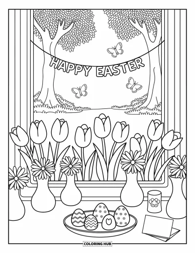 Iloinen pääsiäisvärityskuva aikuisille: Ikkunanäkymässä tulppaanit, perhoset ja viiri, jossa lukee "Happy Easter"