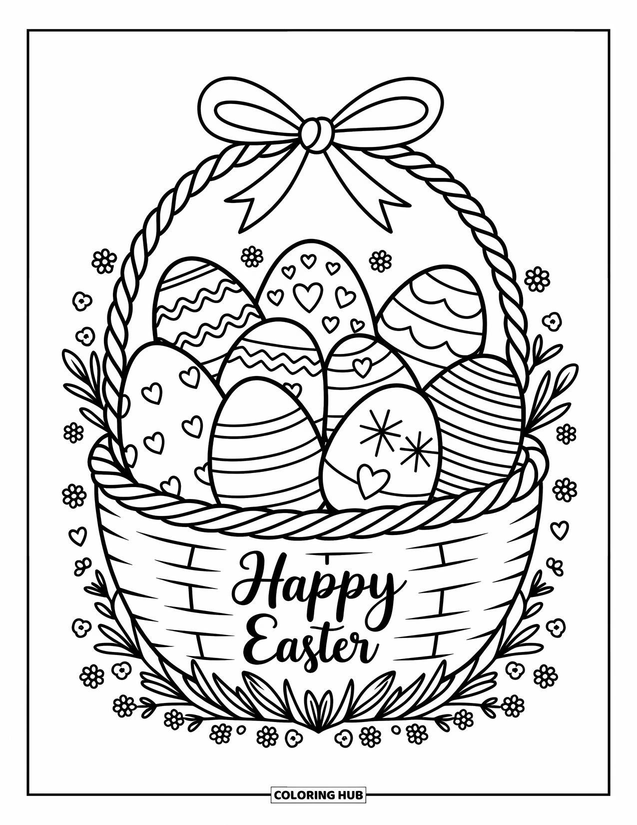 Happy Easter Coloring Page for Adults: Woven basket spills out decorated eggs with a ribbon that says "Happy Easter"