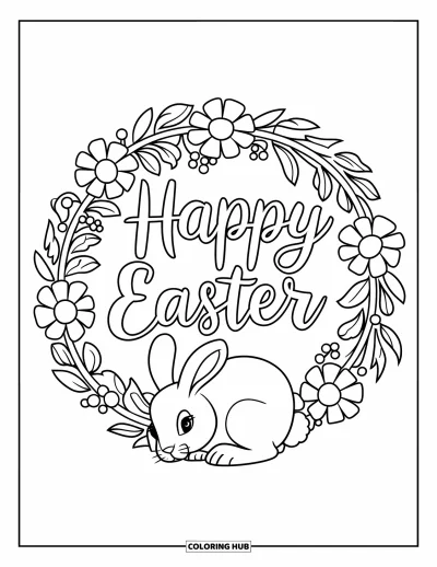 Iloinen pääsiäisvärityskuva lapsille: Pupu torkkuu seppeleiden alla ja "Happy Easter" on keskellä