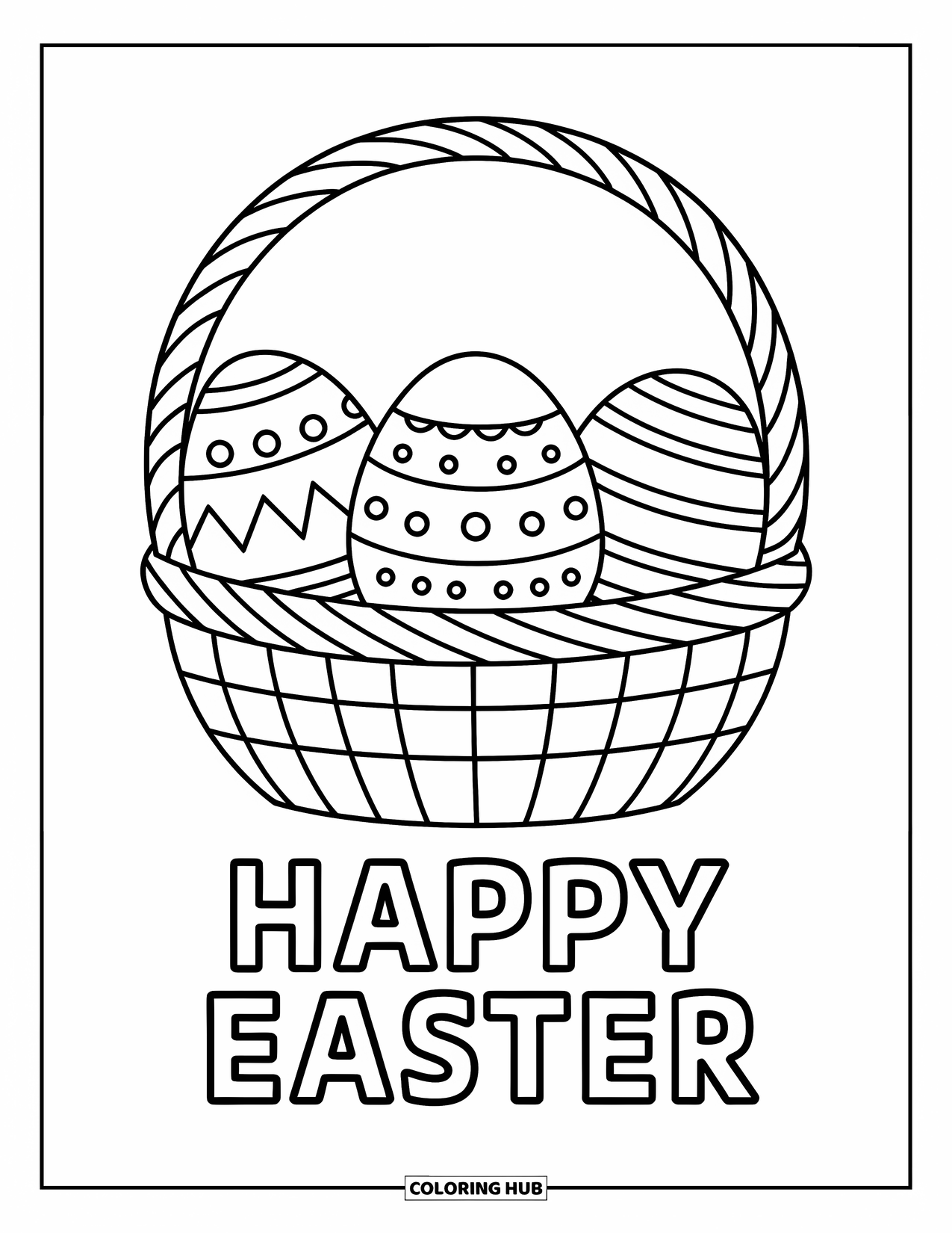 Happy Easter Coloring Page for Kids: Basket of eggs with "Happy Easter" below in big friendly letters