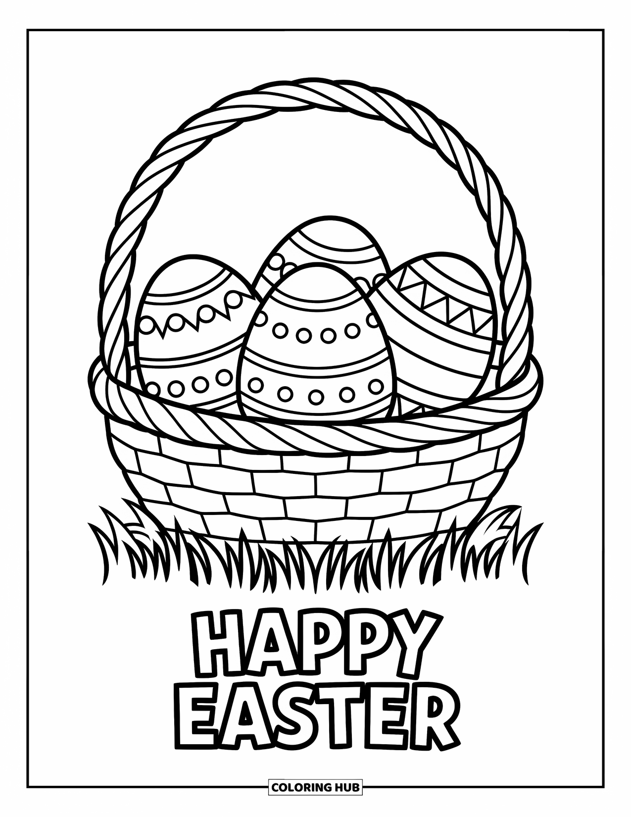 Happy Easter Coloring Page for Kids: Basket with bold eggs and a fun Easter message on a grassy patch