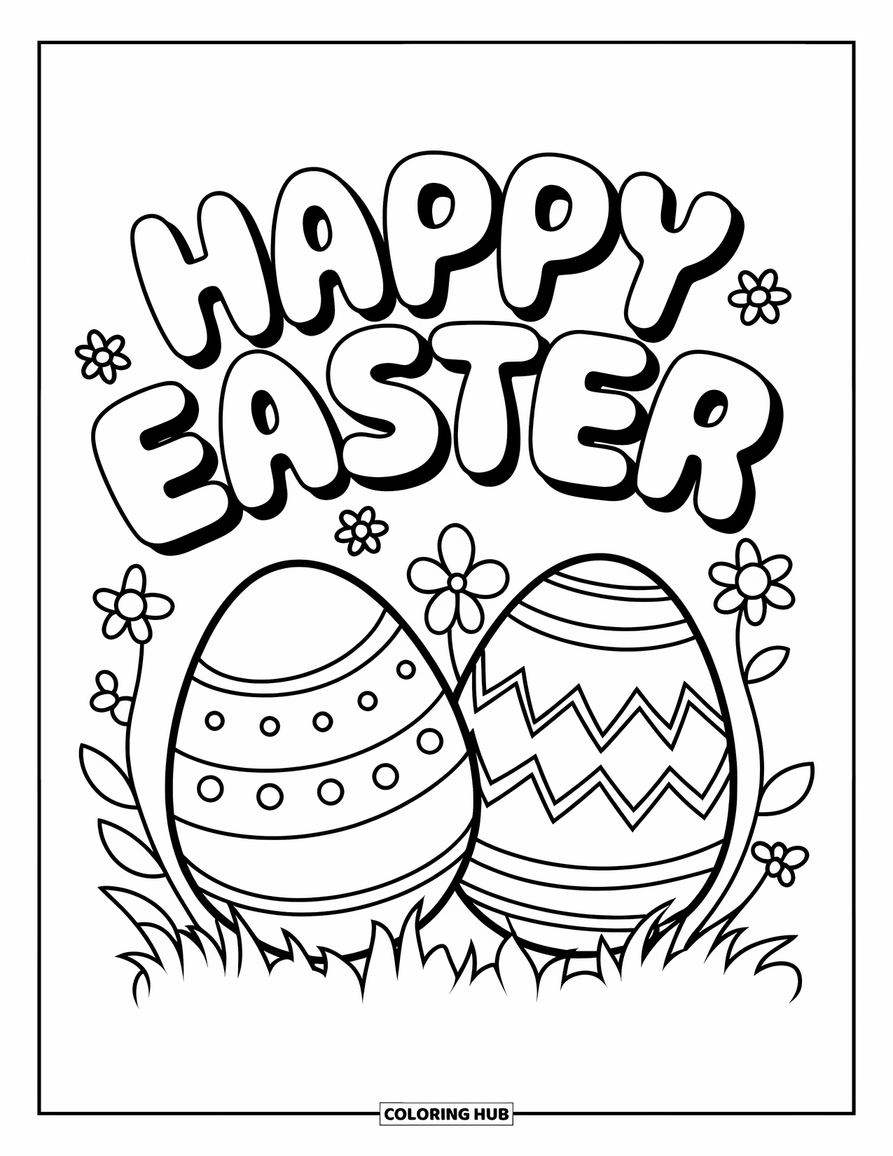 Happy Easter Coloring Page for Kids: Big eggs sit among flowers with a cheerful Easter message