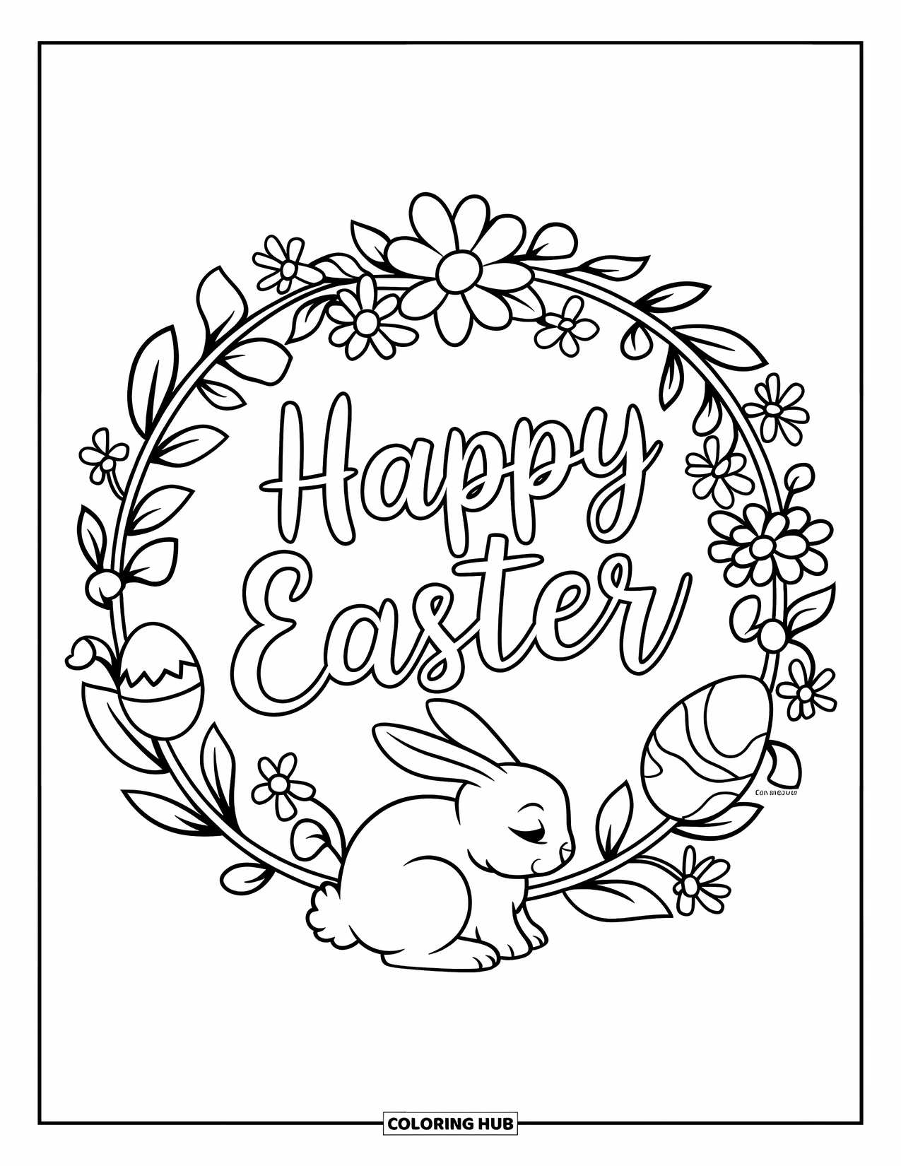 Happy Easter Coloring Page for Kids: Bunny curls up at the bottom of a floral Easter wreath