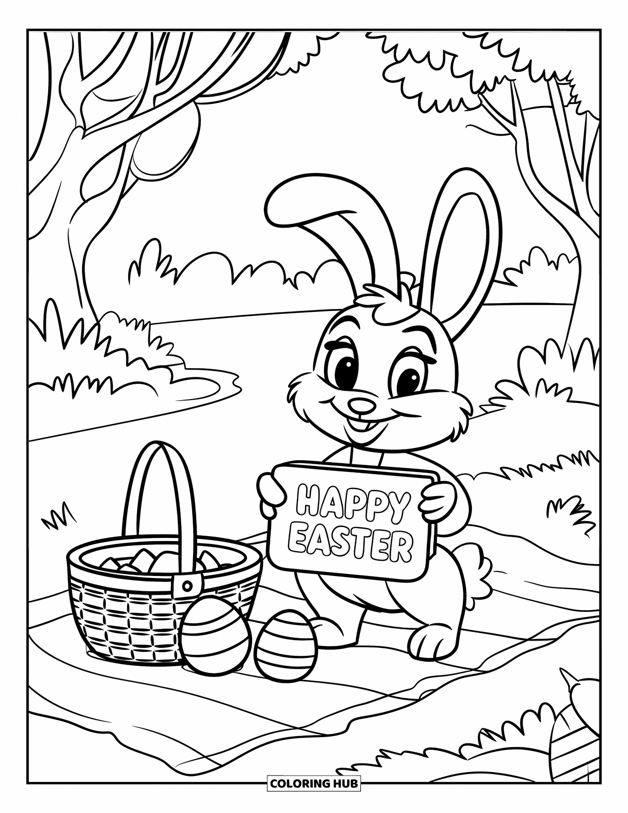 Happy Easter Coloring Page for Kids: Bunny holds a festive sign at a picnic with eggs and trees