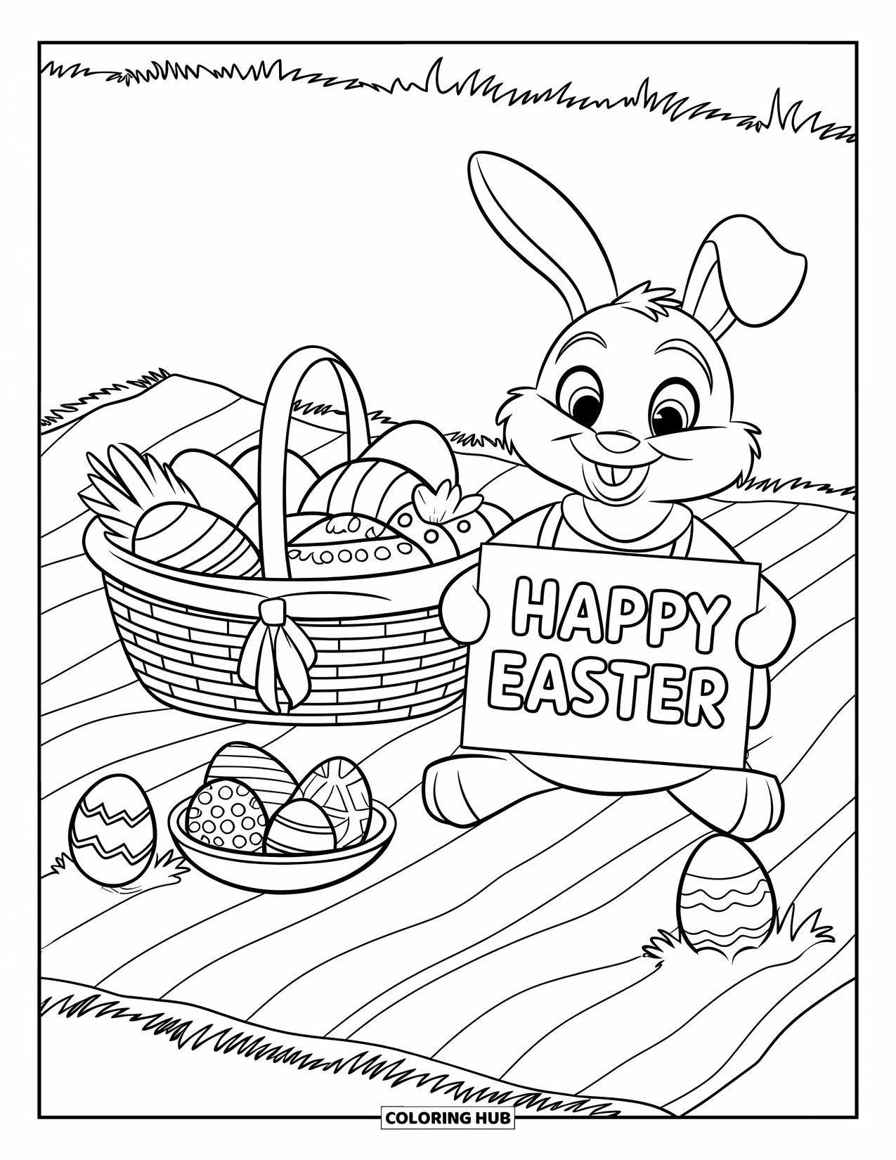Happy Easter Coloring Page for Kids: Bunny holds a "Happy Easter" sign beside a picnic basket and eggs