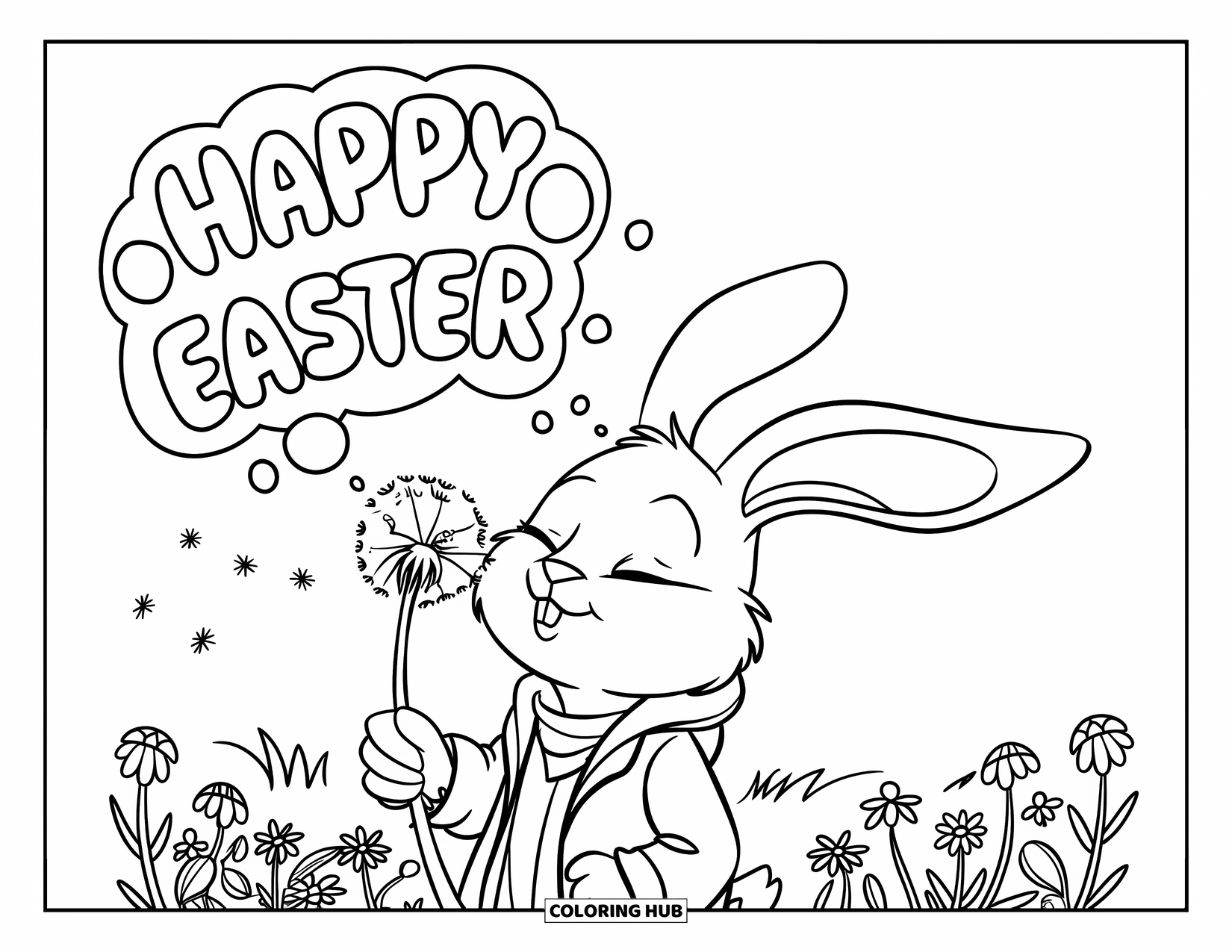 Happy Easter Coloring Page for Kids: Bunny in a scarf blows bubbles with "Happy Easter" over a field