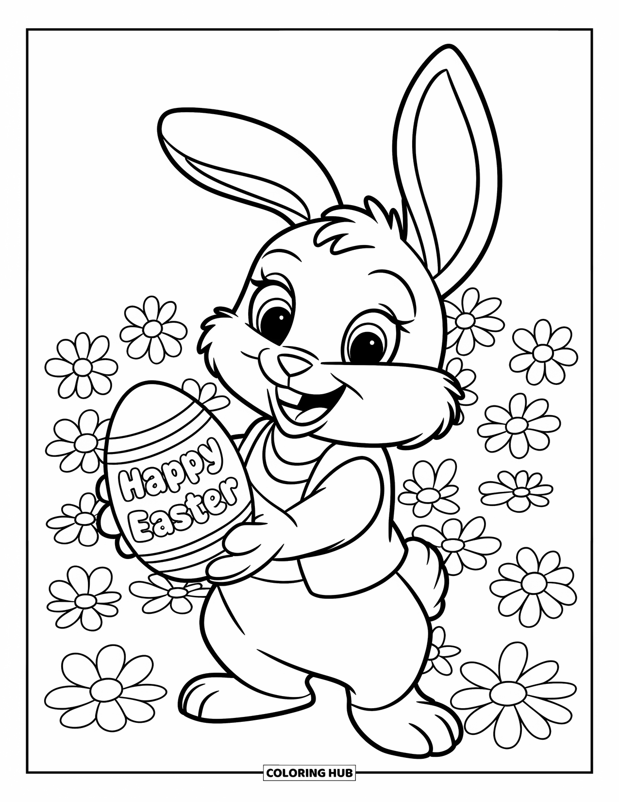 Happy Easter Coloring Page for Kids: Bunny in a vest holds an Easter egg in a flower-filled meadow