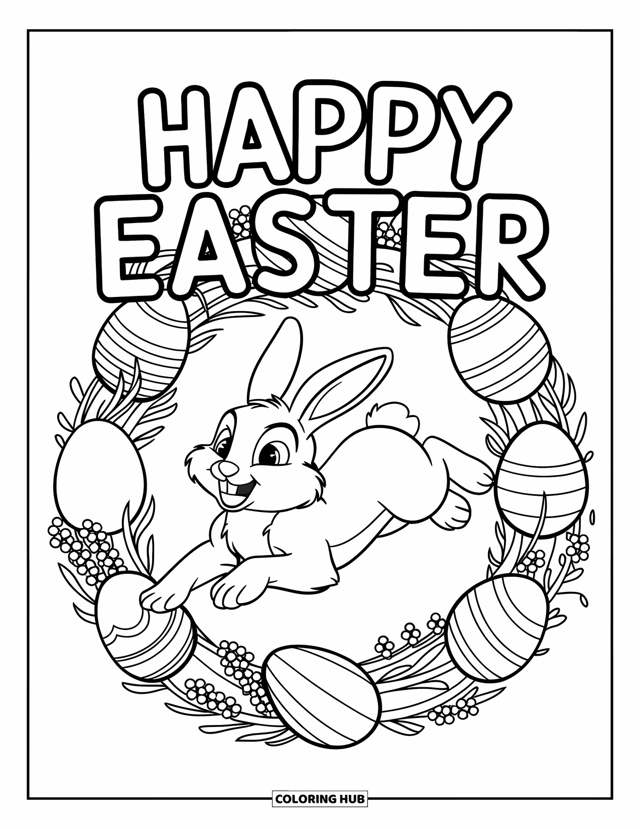 Happy Easter Coloring Page for Kids: Bunny leaps through a wreath of Easter eggs and vines with "Happy Easter"