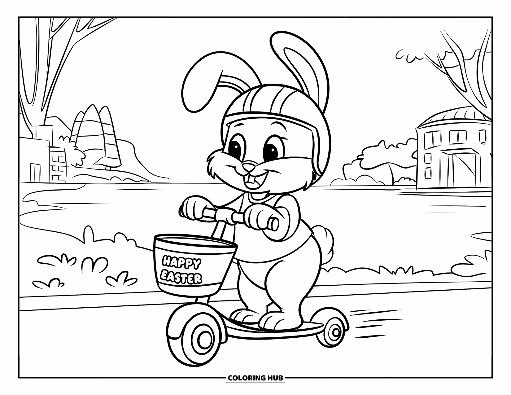 Happy Easter Coloring Page for Kids: Bunny rides a scooter near a lake, holding a basket that says "Happy Easter"