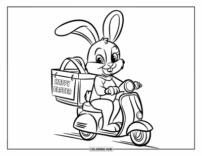 Iloinen pääsiäisvärityskuva lapsille: Pupu ajaa skootterilla korilla, jossa lukee "Happy Easter"