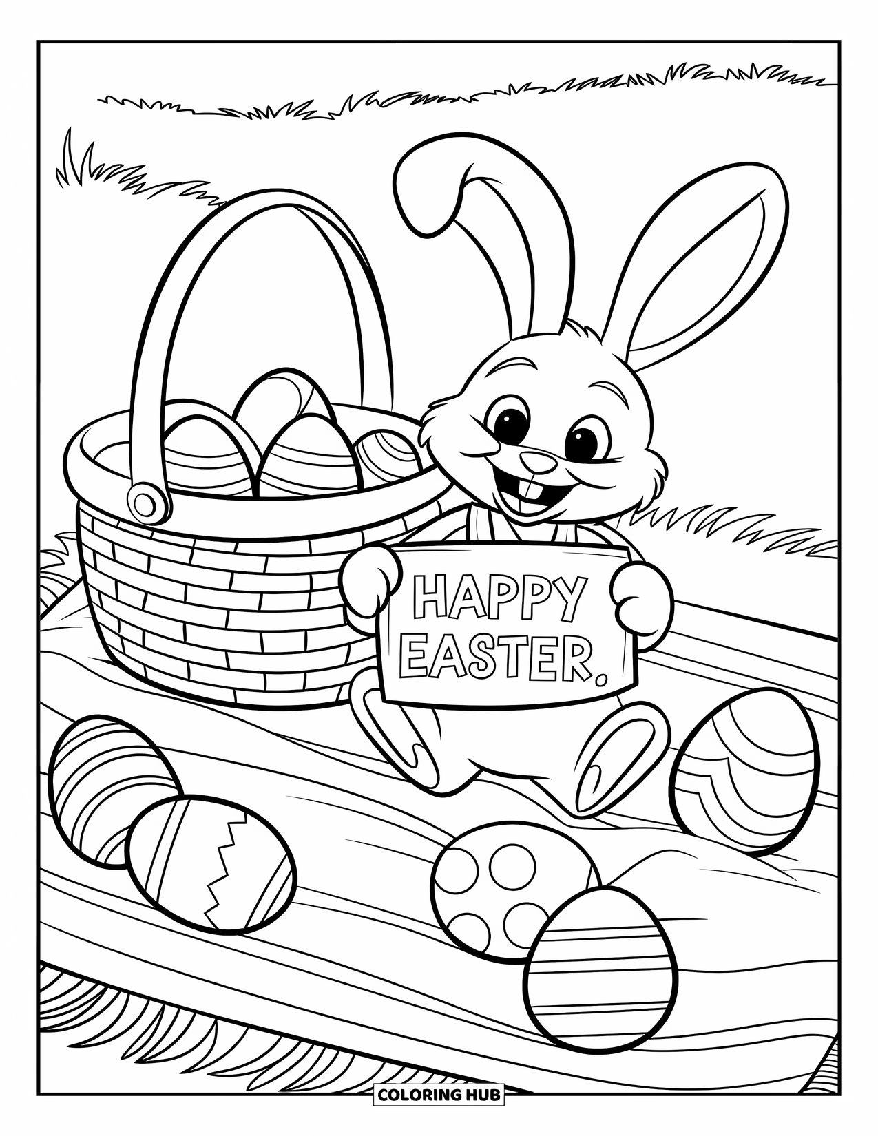 Happy Easter Coloring Page for Kids: Bunny with eggs and a basket sits at a sunny Easter picnic