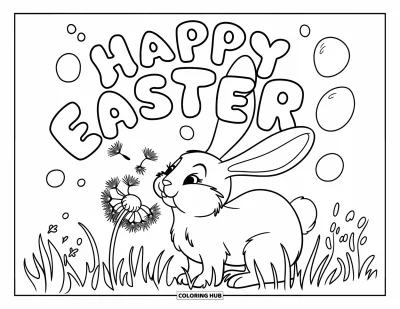 Iloinen pääsiäisvärityskuva lapsille: Vaaleanpunakorvinen pupu puhaltaa voikukkaa ja kuplissa lukee "Happy Easter"