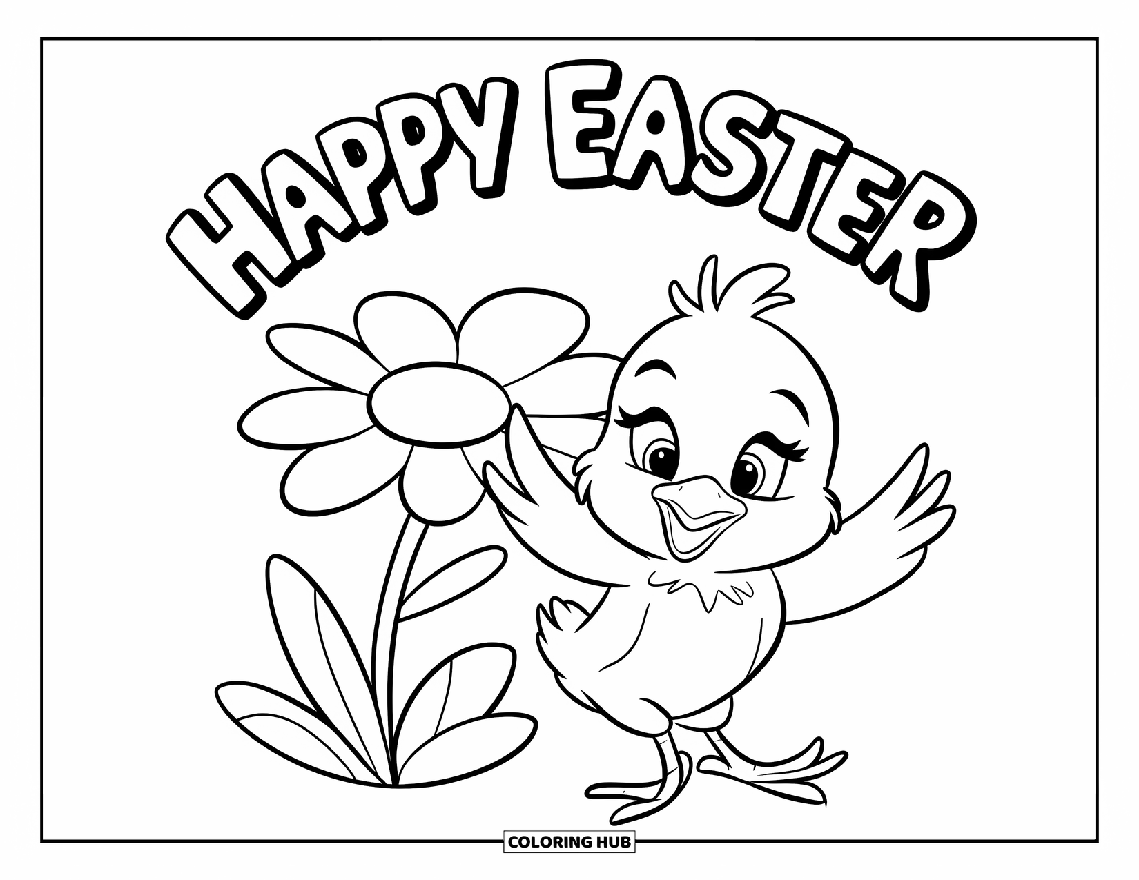 Happy Easter Coloring Page for Kids: Chick dances beside a daisy with "Happy Easter" floating above