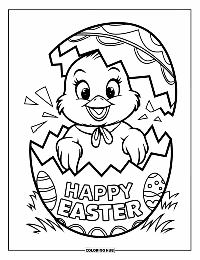 Iloinen pääsiäisvärityskuva lapsille: Nauhainen tipu ponkahtaa haljenneesta munasta, jossa lukee "Happy Easter"
