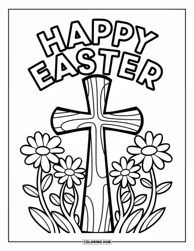 Iloinen pääsiäisvärityskuva lapsille: Risti ja kukat sekä lihava "Happy Easter" isoilla kirjaimilla