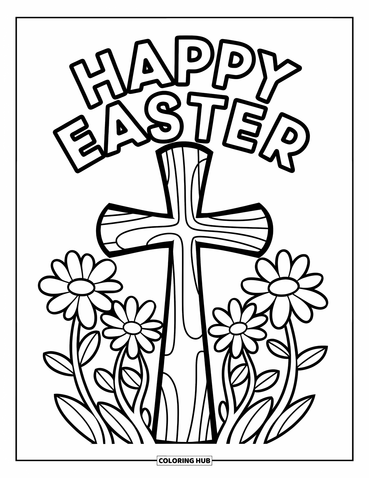 Happy Easter Coloring Page for Kids: Cross and flowers with bold "Happy Easter" written above in big letters