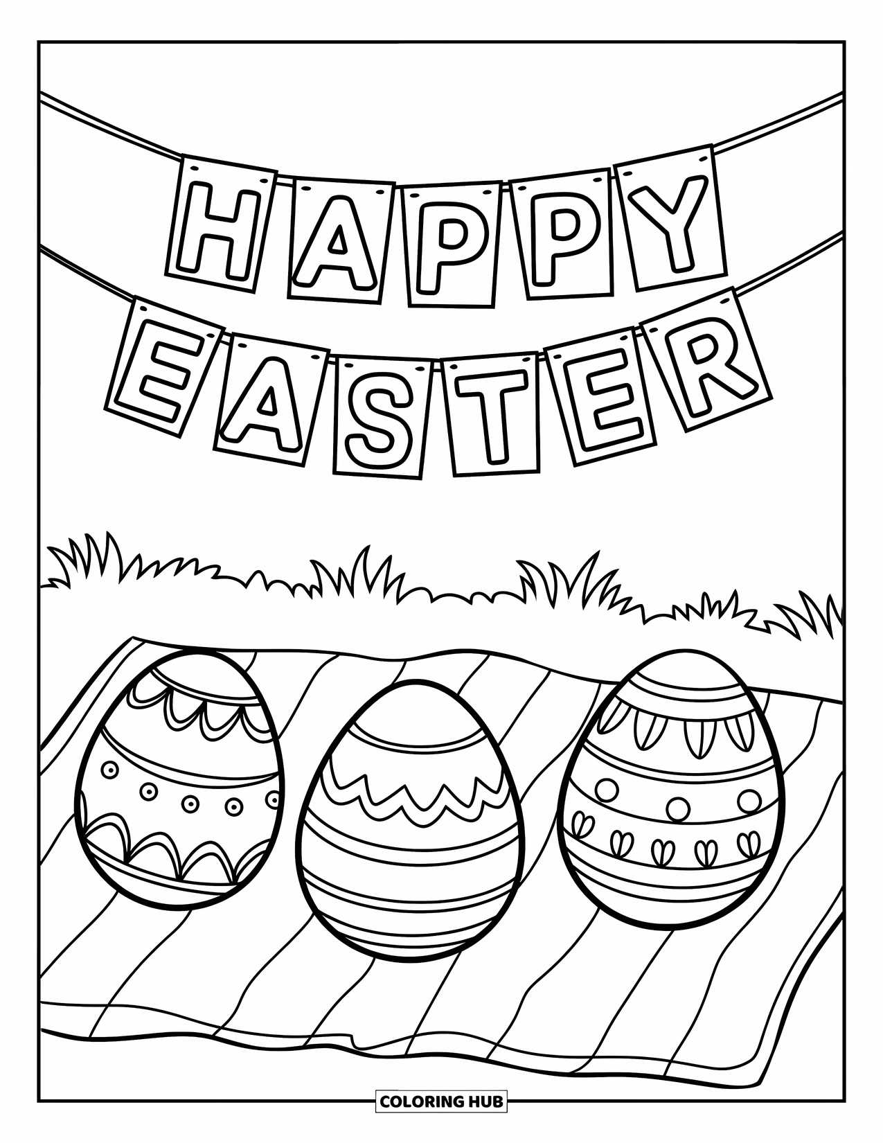 Happy Easter Coloring Page for Kids: Decorated eggs rest on a blanket beneath a festive Easter banner