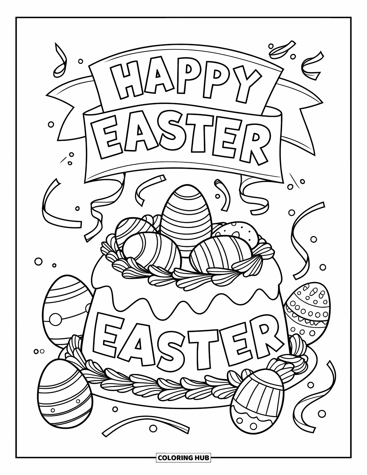 Happy Easter Coloring Page for Kids: Easter cake with streamers and eggs has "Happy Easter" on top