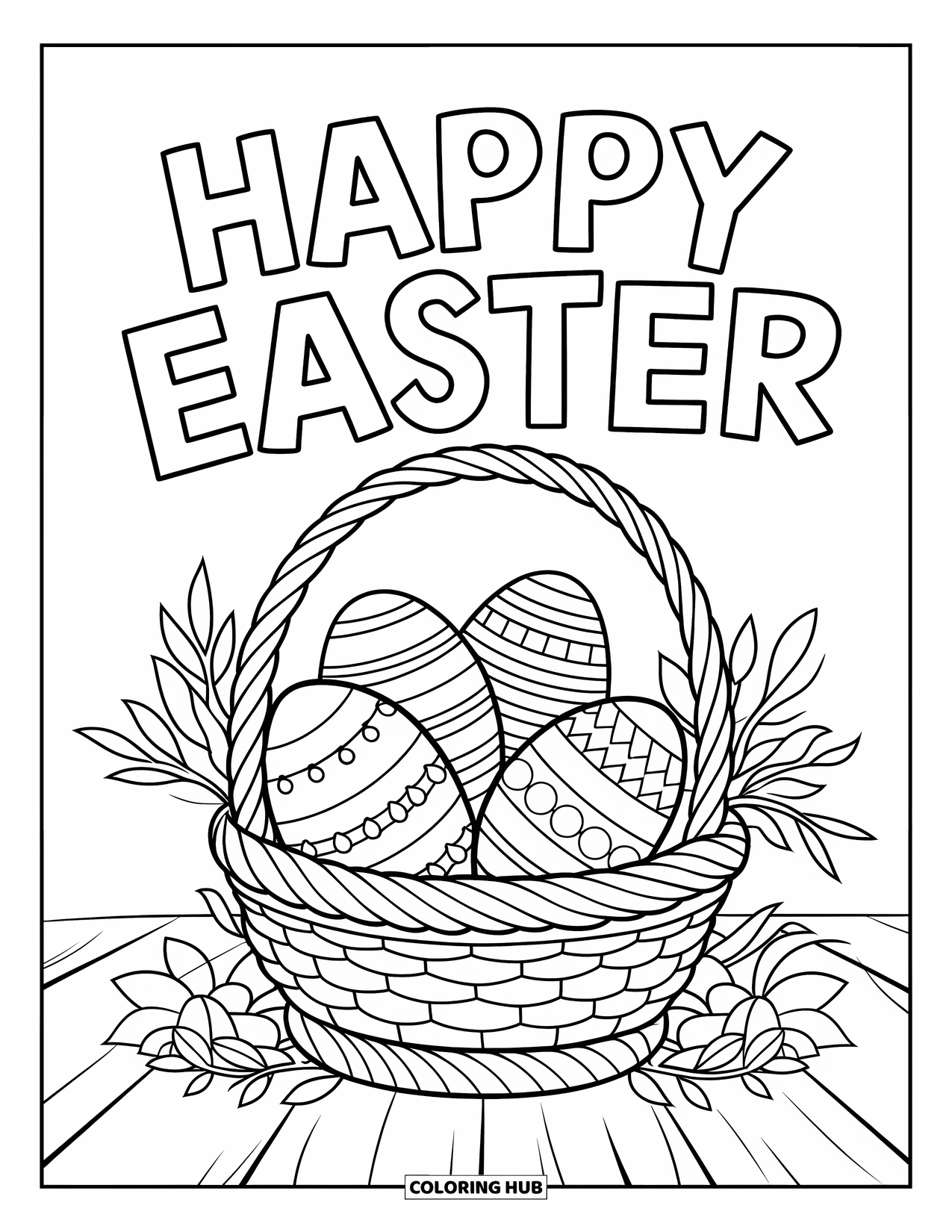Happy Easter Coloring Page for Kids: Egg-filled basket sits on a table with a festive Easter message