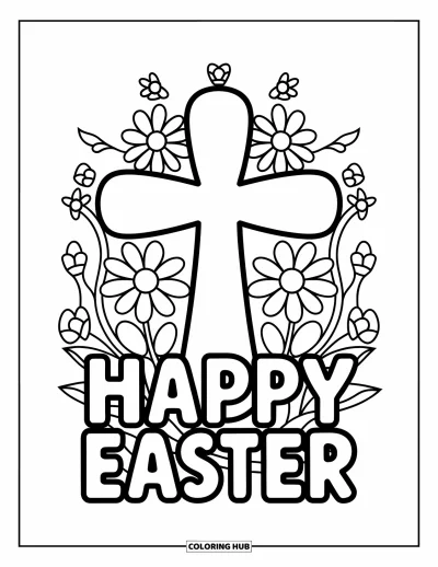 Iloinen pääsiäisvärityskuva lapsille: Kukkainen risti kohoaa korkealle ja "Happy Easter" on yläpuolella