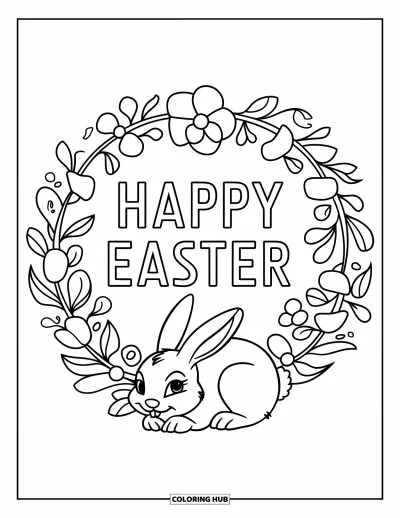 Iloinen pääsiäisvärityskuva lapsille: Kukkainen seppele, jossa pupu nukkuu kyyryssä ja sisällä lukee "Happy Easter"