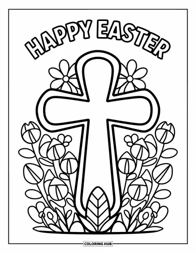 Iloinen pääsiäisvärityskuva lapsille: Kukat ympäröivät isoa ristiä ja "Happy Easter" yläpuolella