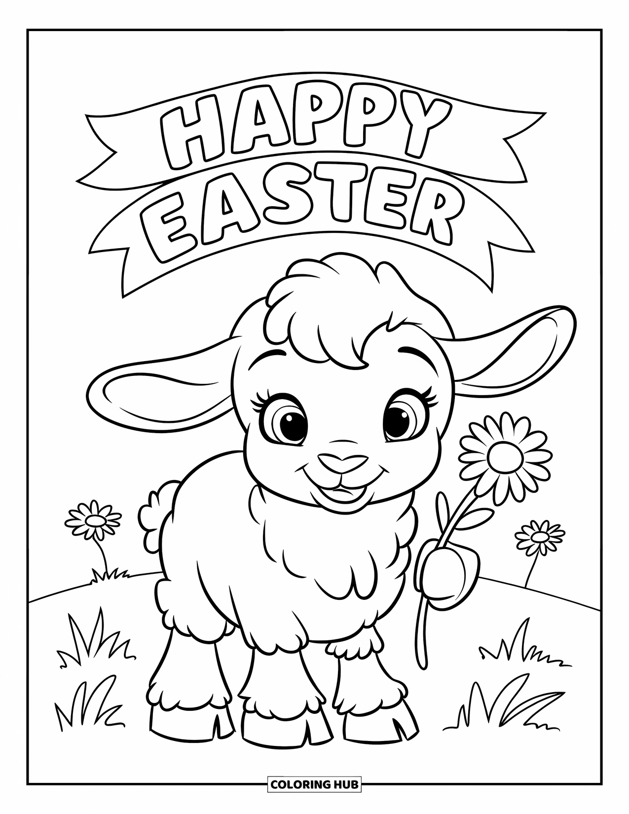Happy Easter Coloring Page for Kids: Fluffy lamb smiles under "Happy Easter" with a daisy in its hoof
