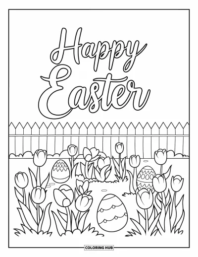 Iloinen pääsiäisvärityskuva lapsille: Puutarhapolku tulppaanien, munien ja yläpuolella olevan "Happy Easter" -tekstin kanssa